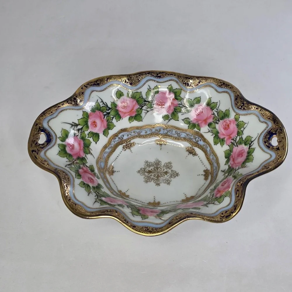 Antique Nippon IE&C Co Hand Painted 4-Footed Porcelain Bowl Cobalt Pink Roses 9